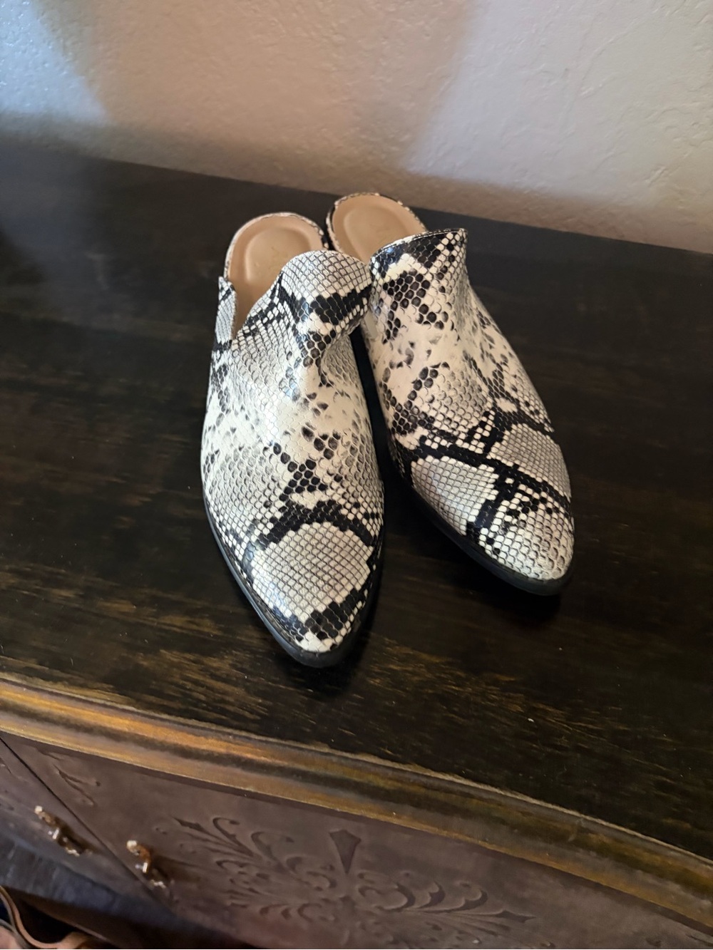 Women’s Snake-Print Pointed Backless Booties - Black & White